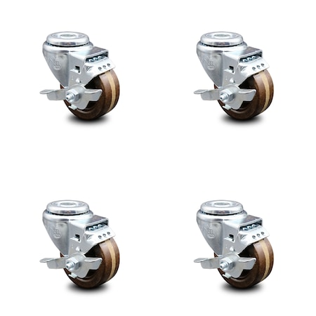 Service Caster 3 Inch High Temp Phenolic Wheel Swivel Bolt Hole Caster Set with Brake SCC SCC-BH20S314-PHRHT-TLB-4